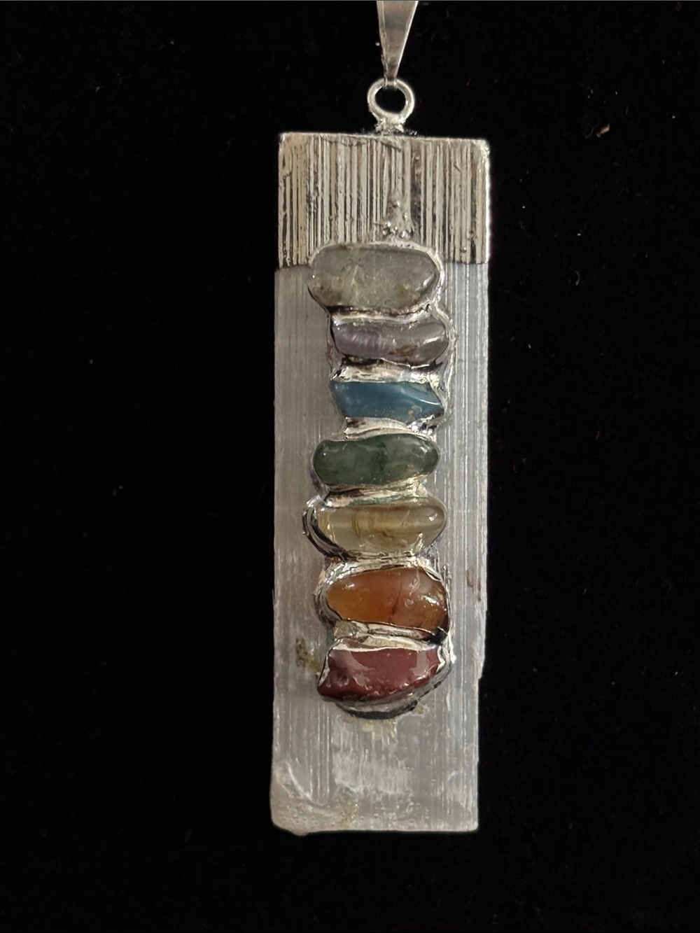 Selenite and Multi-Gemstone Rectangular Pendant Necklace in Silver Tone